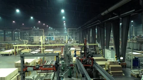 A long flight through a huge workshop of a woodworking plant Stock Footage 169919379