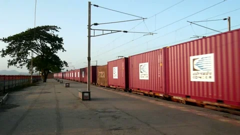Long Freight cargo container Indian railways Train Moving Station Platform India Stock Footage 153159506