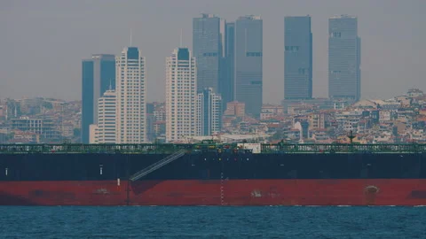 Long freight ship, cargo transport sailing against city skyline of Istanbul Stock Footage 219498566