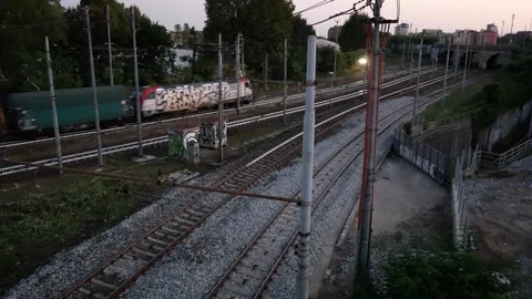 Long freight train of coils in the evening Stock Footage 290036164