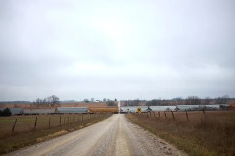 Long freight train crossing a remote rural road Foto stock