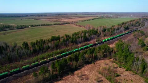 A long freight train with green train car wagons travels among the forest. Stock Footage 196492180