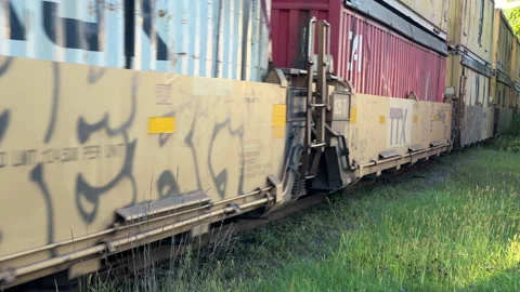 Long freight train rumbles past lonely New England station or outpost in fall Stock Footage 220571224
