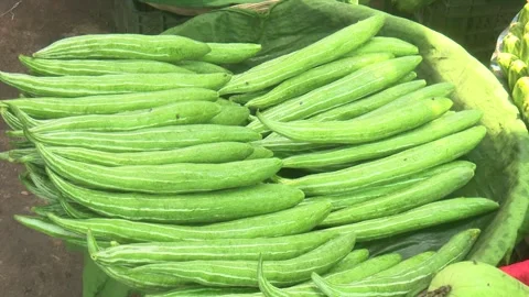 Long, fresh snake gourd displayed for sale in a traditional village market Stock Footage 320034150
