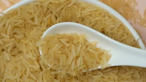 Long grain parboiled basmati rice pouring with spoon macro slow motion Stock Footage 270738487