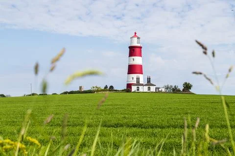 Long grass frames Happisburgh lighthouse Stock Photos