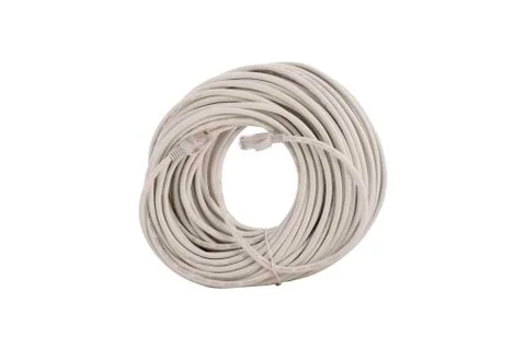 Long gray utp cable for internet connection on white background 2 Stock Photos