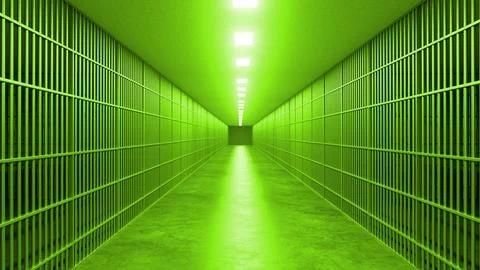 Long green corridor inside a modern jail with metal bars Ilustración de archivo