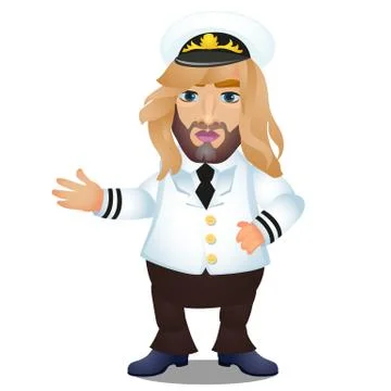Long-haired captain of the ship in uniform and cap isolated on white background Stock Illustration