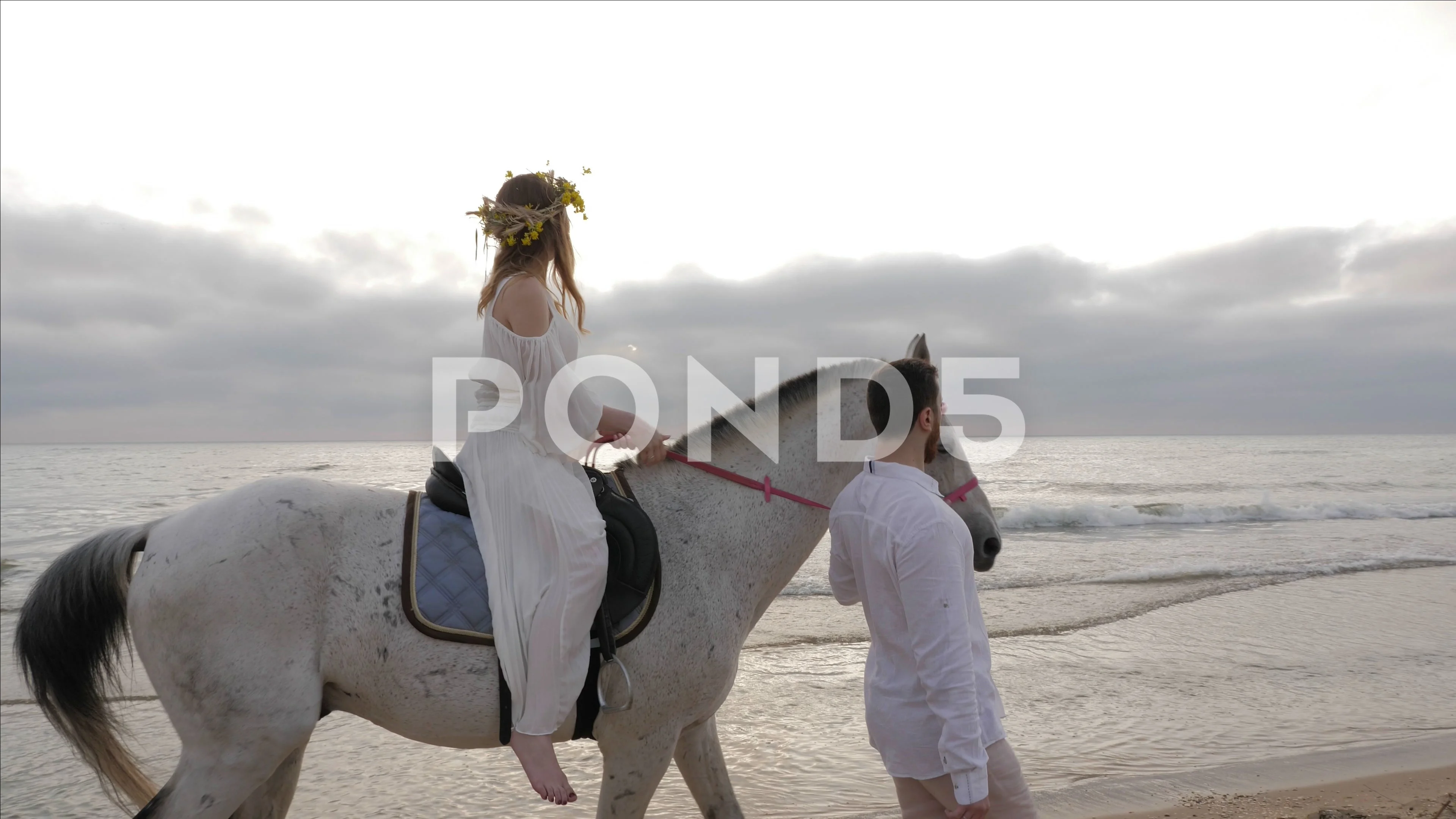 Long Haired Lady Sits On Horse Leading B Stock Video Pond5