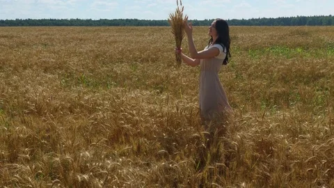 Long-haired oman walks with wheat ears bouquet on a golden field 库存影片 81883202