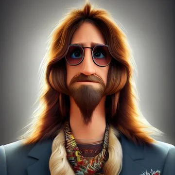 Long haired rock star in dark glasses portrait. Animated movie character Stock Illustration