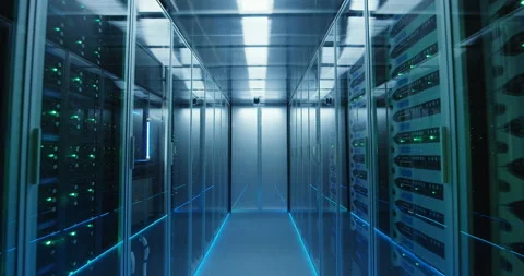 Long hallway full server racks in a mode... | Stock Video | Pond5