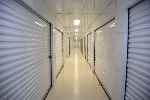 Long hallway of a self storage unit Stock Photos