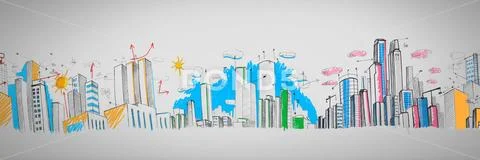 Long hand drawn City buildings against grey background Stock Illustration