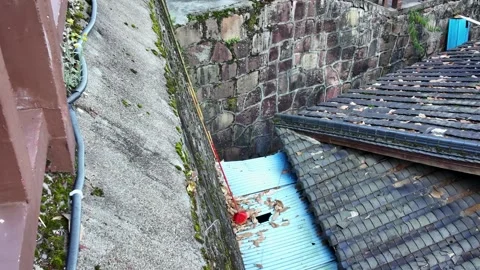 Long-handled broom cleaning autumn leaves off old Chinesse house rooftop Vidéo 324890165