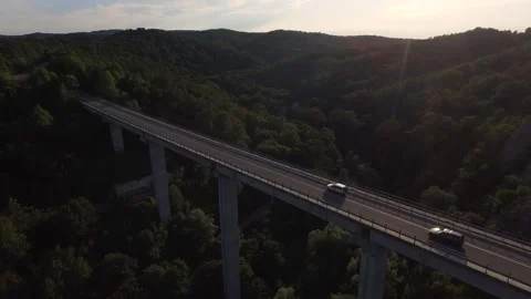 Long high bridge located above area full of trees Video stock 143937060