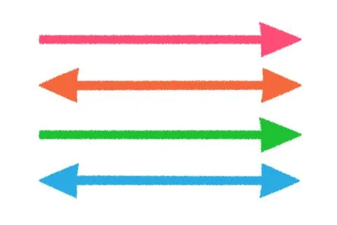 Long horizontal arrows. Straight colored green, orang, blue, red double arrows. Stock Illustration