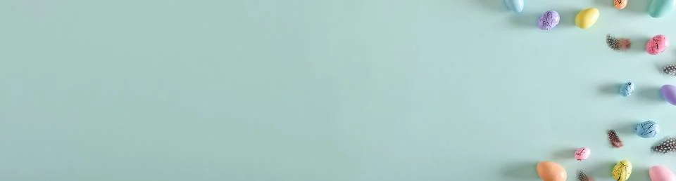 A long horizontal banner for Easter. opy space. Flat lay, top view. Stock Photos