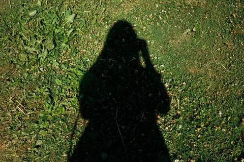 Long human shadow cast across a sunlit grassy meadow Stock-Fotos