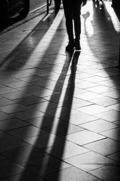 Long human shadows projected on the pavement at sunset Stock Photos