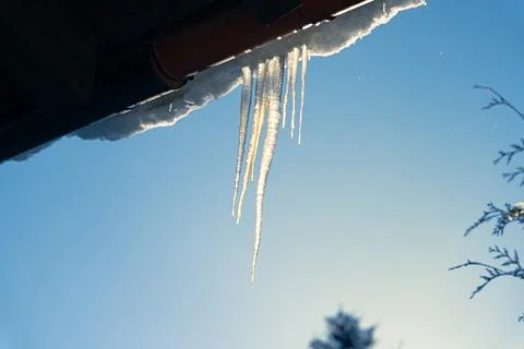 Long icicles hanging from gutter on cold winter afternoon. Stock Photos