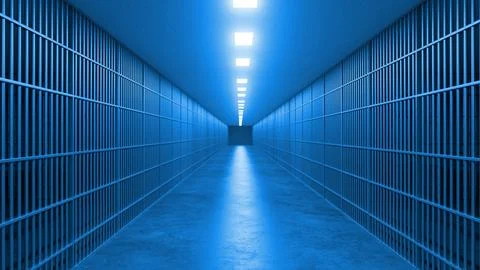 Long jail corridor with blue bars and bright lights Illustration