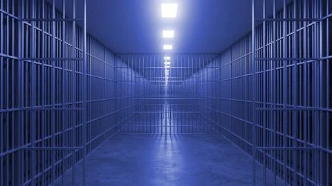 Long jail corridor with blue light illuminating metal bars Illustration