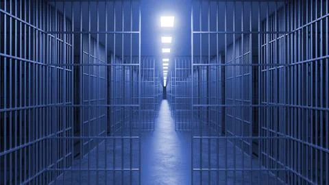 Long jail corridor with blue light lighting empty prison cells Ilustración de archivo