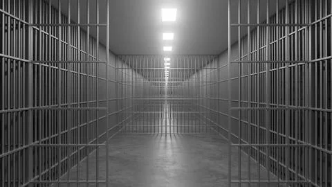 Long jail corridor with metal bars and artificial lights Illustration