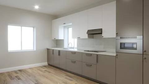 Long kitchen with a large refrigerator and a window over the sink. 3d render 스톡 일러스트