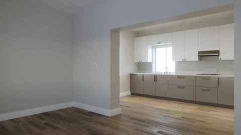 Long kitchen with a large refrigerator and a window over the sink. 3d render Illustrazione stock