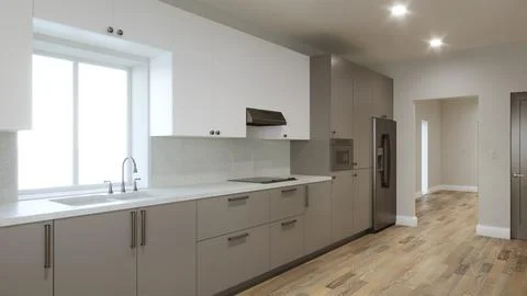 Long kitchen with a large refrigerator and a window over the sink. 3d render 스톡 일러스트
