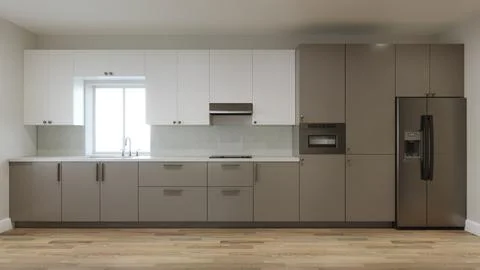 Long kitchen with a large refrigerator and a window over the sink. 3d render Illustrazione stock