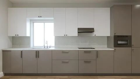 Long kitchen with a large refrigerator and a window over the sink. 3d render 스톡 일러스트