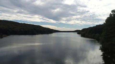 Long lake fast drone pullback aerial Video stock 83252326