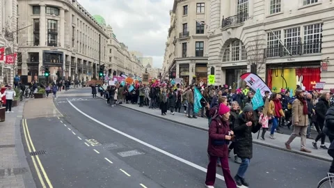Long Line of Protesters Walking on Road, London, United Kingdom, 2/1/2023 Stock Footage 233513476
