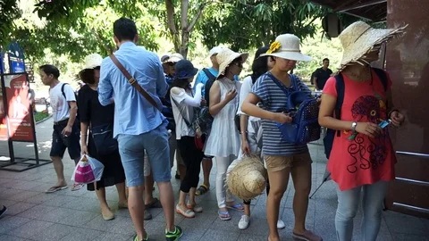 A long line of tourists. Excursion on the coast. Stock Footage 70687861