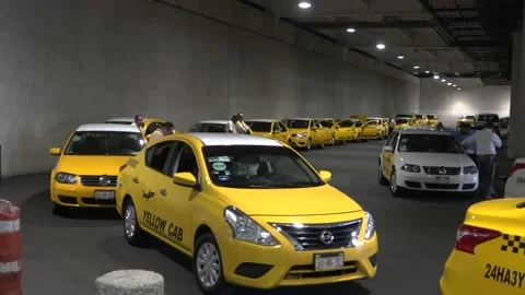 Long Line Of Yellow Cabs At Benito Juarez International Airport, Mexico City Stock Footage 154543469