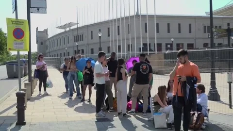 Long lines to enter the first of Coldplay's four concerts in Barcelona, Barcelon Stock Footage 242009522