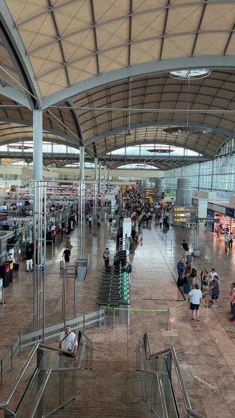 Long Lines of people wait to go through Alicante airport security check point. Stock Footage 220413256