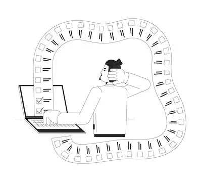 Long list tasks is overwhelming black and white 2D illustration concept Stock Illustration