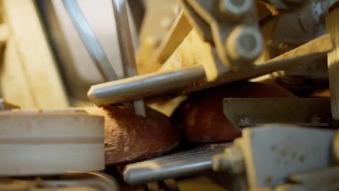 Long loaf cutting machine cuts bread at the bakery. Slow motion Stock Footage 250274743