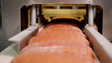 Long loaf cutting machine output tray close up Stock Footage 250263775