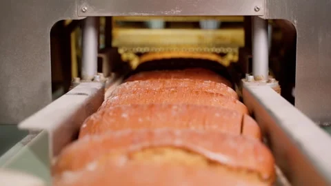 Long loaf cutting machine output tray close up. Slow motion Stock Footage 250275512