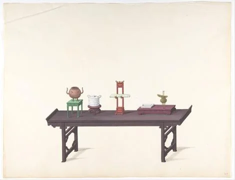 Long, Low Purple Lacquer Table with Objects 19th century Anonymous, Chinese.. Foto stock