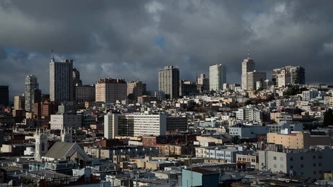 Long medium panning shot of city under clouds Stock-Footage 90661599
