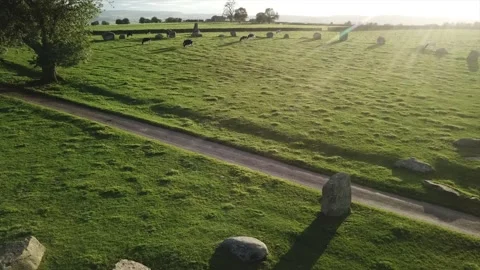 Long Meg Stone Circle, Drone Cinematic during Sunset, Cumbria, UK 4K Stock Footage 148549566