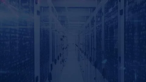 Long narrow data center aisle is extending in flat design, with blinking server Stock Illustration