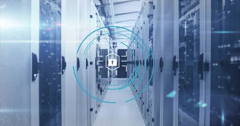 Long narrow data center corridor showing floating security overlay in 3D render 動画素材 309145559